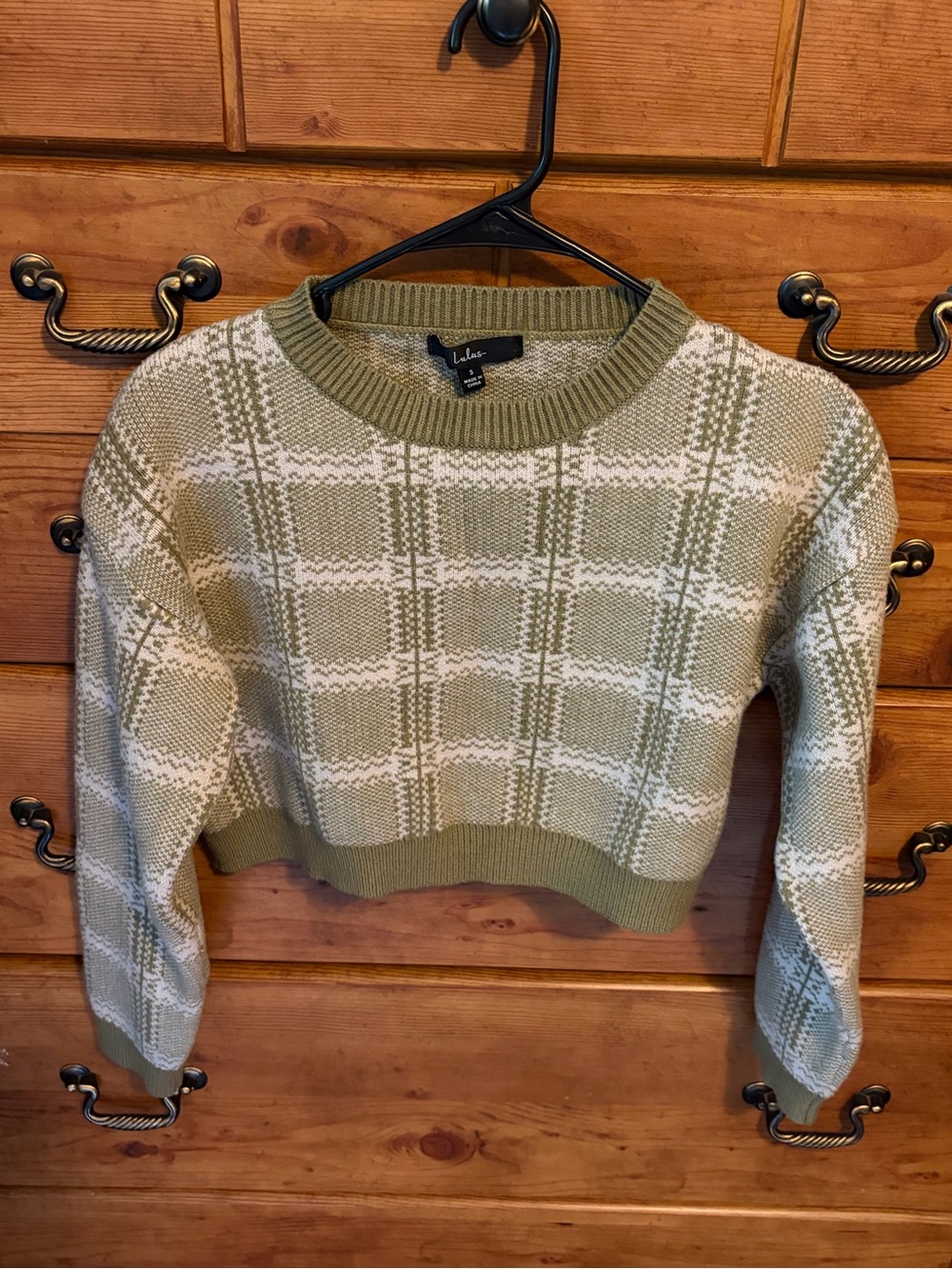 Lulu's Olive Green & White Plaid Cropped Crewneck Sweater w/Skirt Set